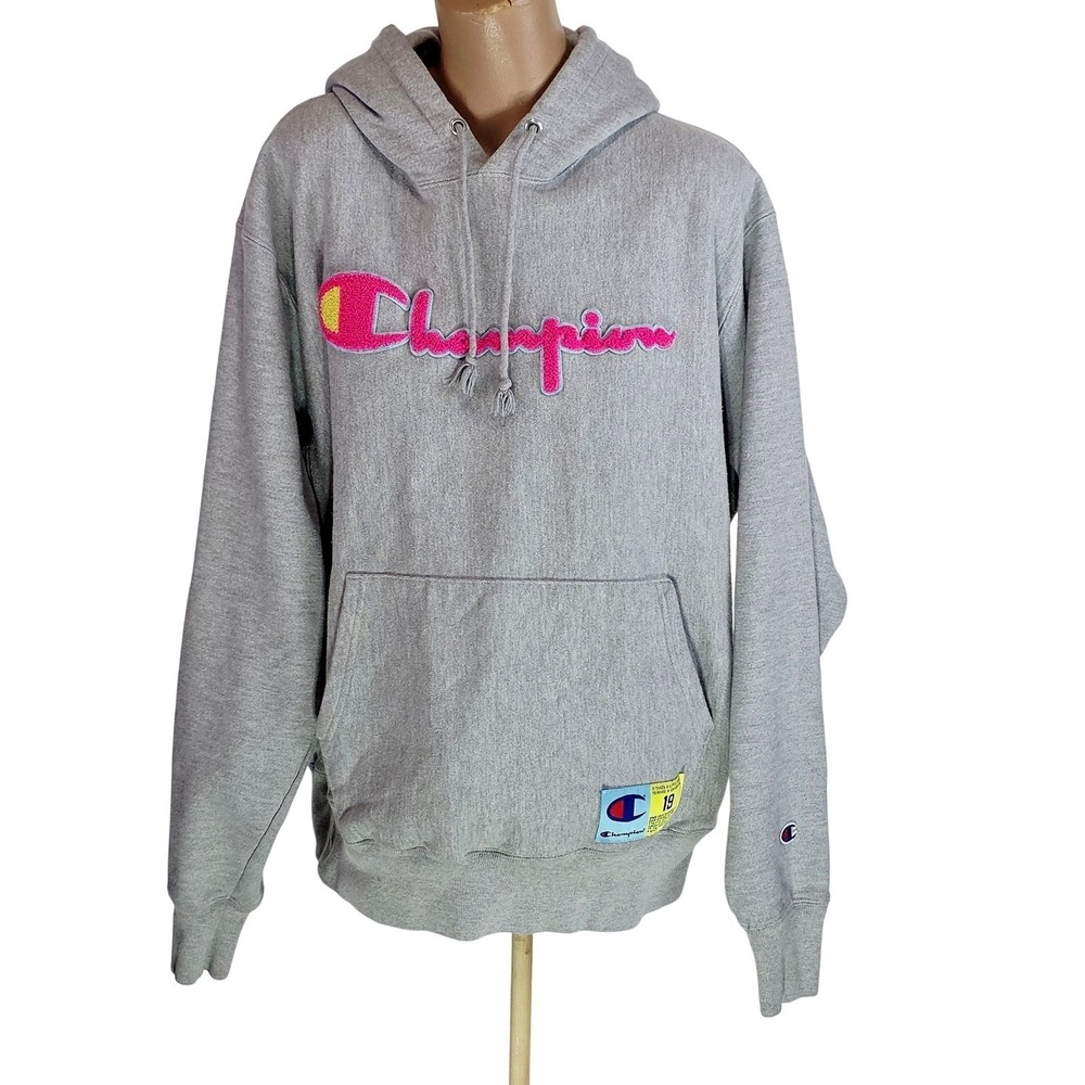 Champion Hoodie Mens L Gray Reverse Weave Chenille‎ Logo Pullover Fleece Casual - Picture 2 of 11
